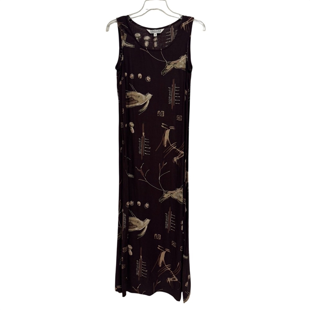 Vtg John Paul Richard Maxi Dress Brown Abstract Tribal Art Sleeveless M